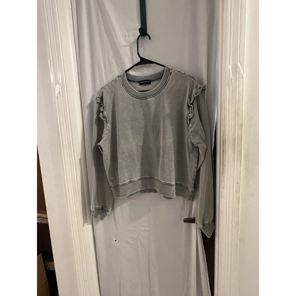Generation Love Blue Acid Washed Cropped Sweatshirt Ruffle Shoulders Sz L